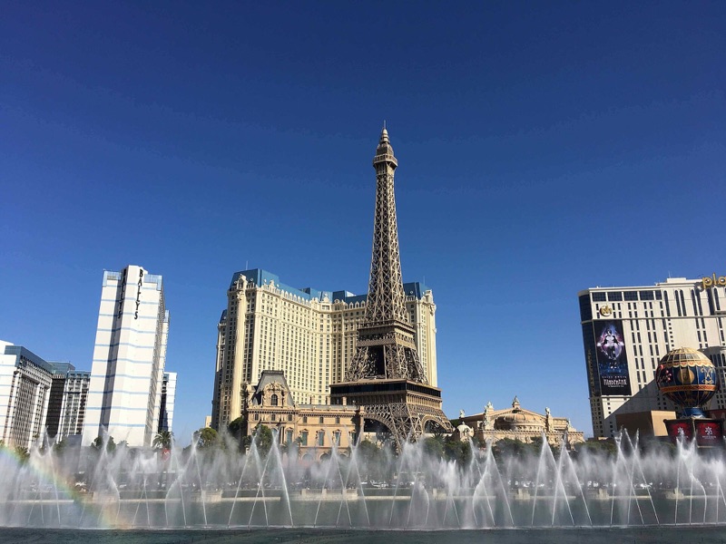 Bellagio fountains and Paris Las Vegas on the Strip