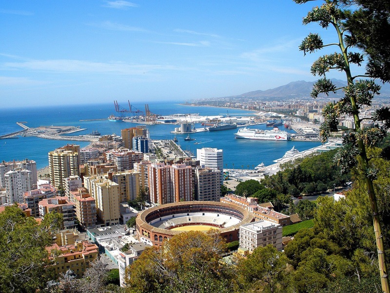 Málaga port, bullring and city from Gibralfaro