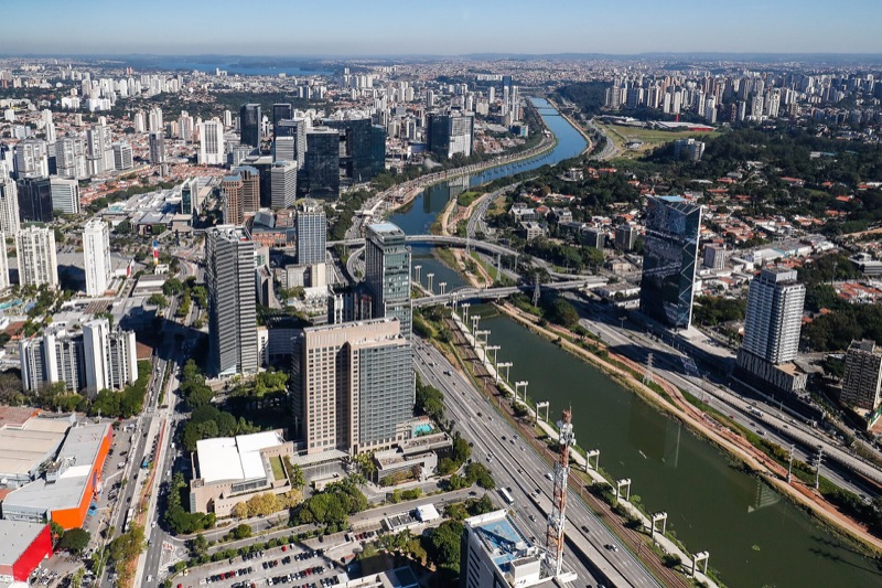 São Paulo skyline along the Pinheiros River (aerial)